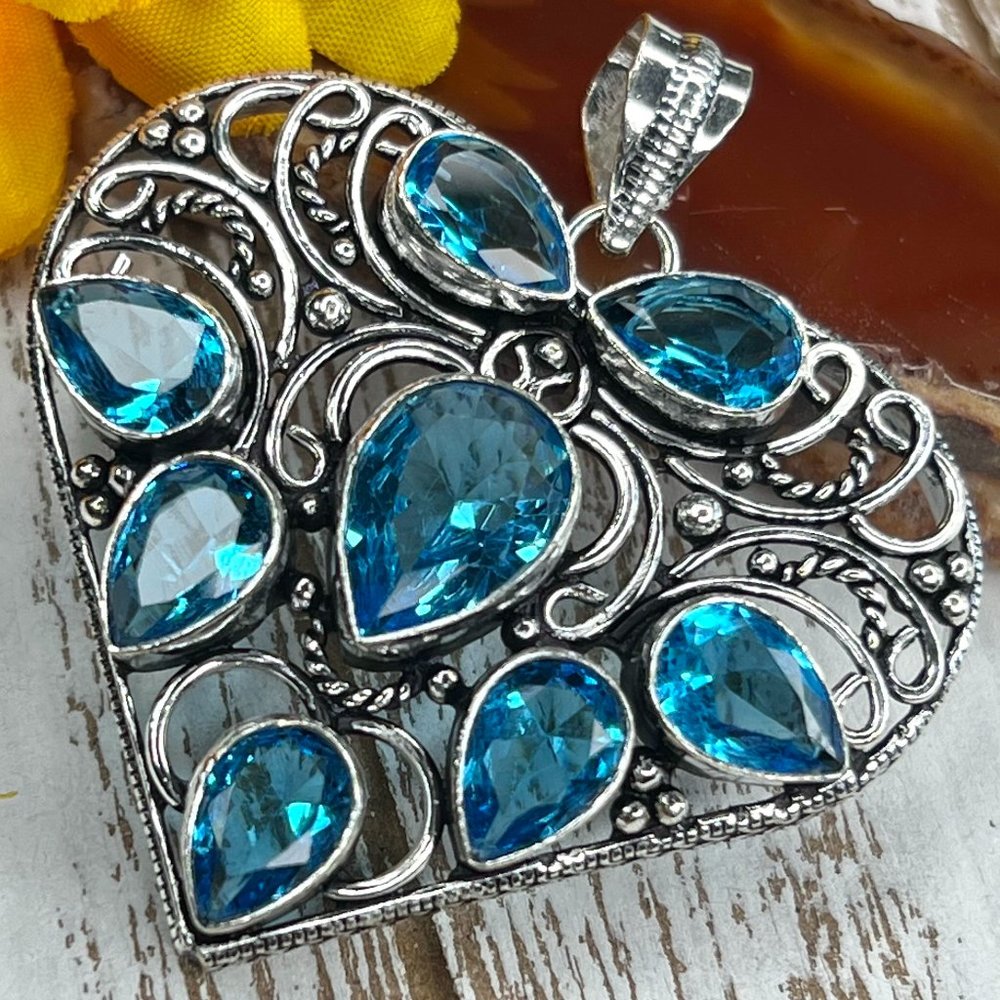 Heart Pendant Blue Topaz Large Handmade Statement 924 Stamped Bohemian Sparkler - Picture 2 of 7